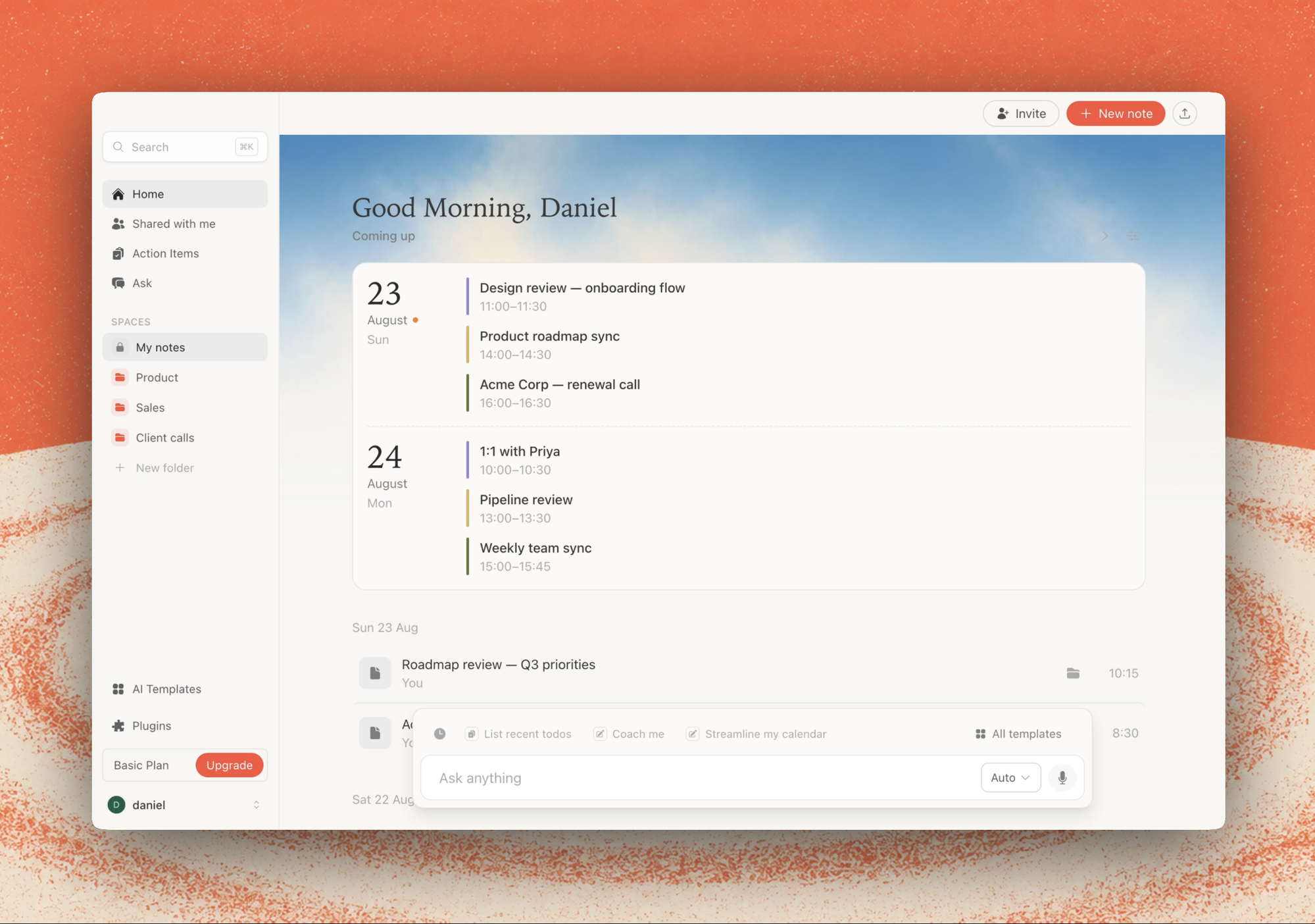 Afternotes app showing today's meetings and recent notes