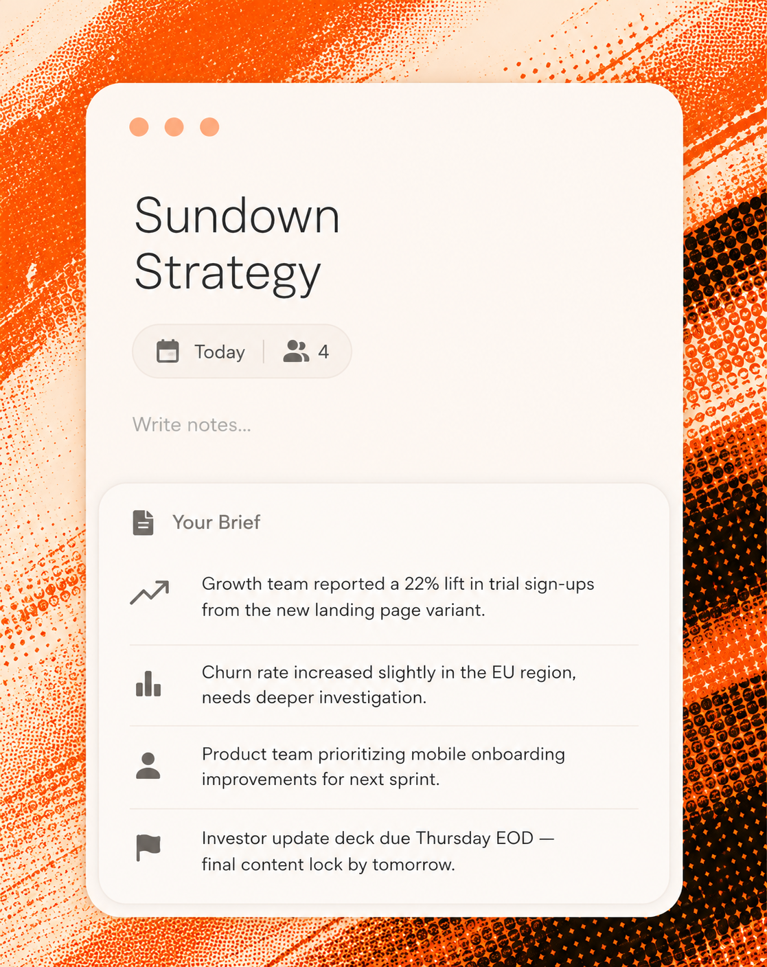 Sundown Strategy meeting brief with growth, churn, and product highlights