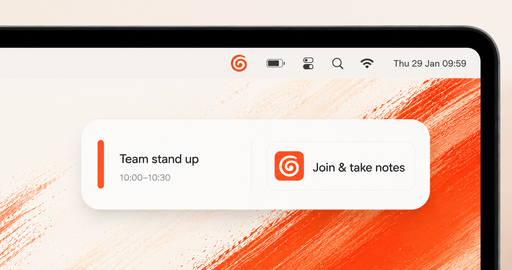 A system notification for an upcoming Team stand up with a Join & take notes button