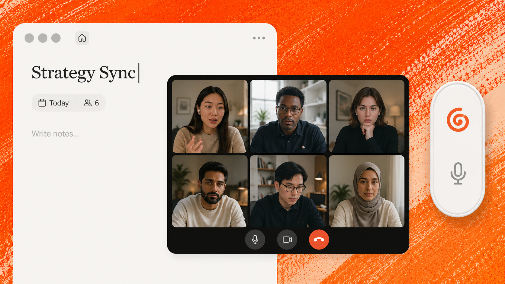 Strategy Sync meeting notes next to a video call with six attendees